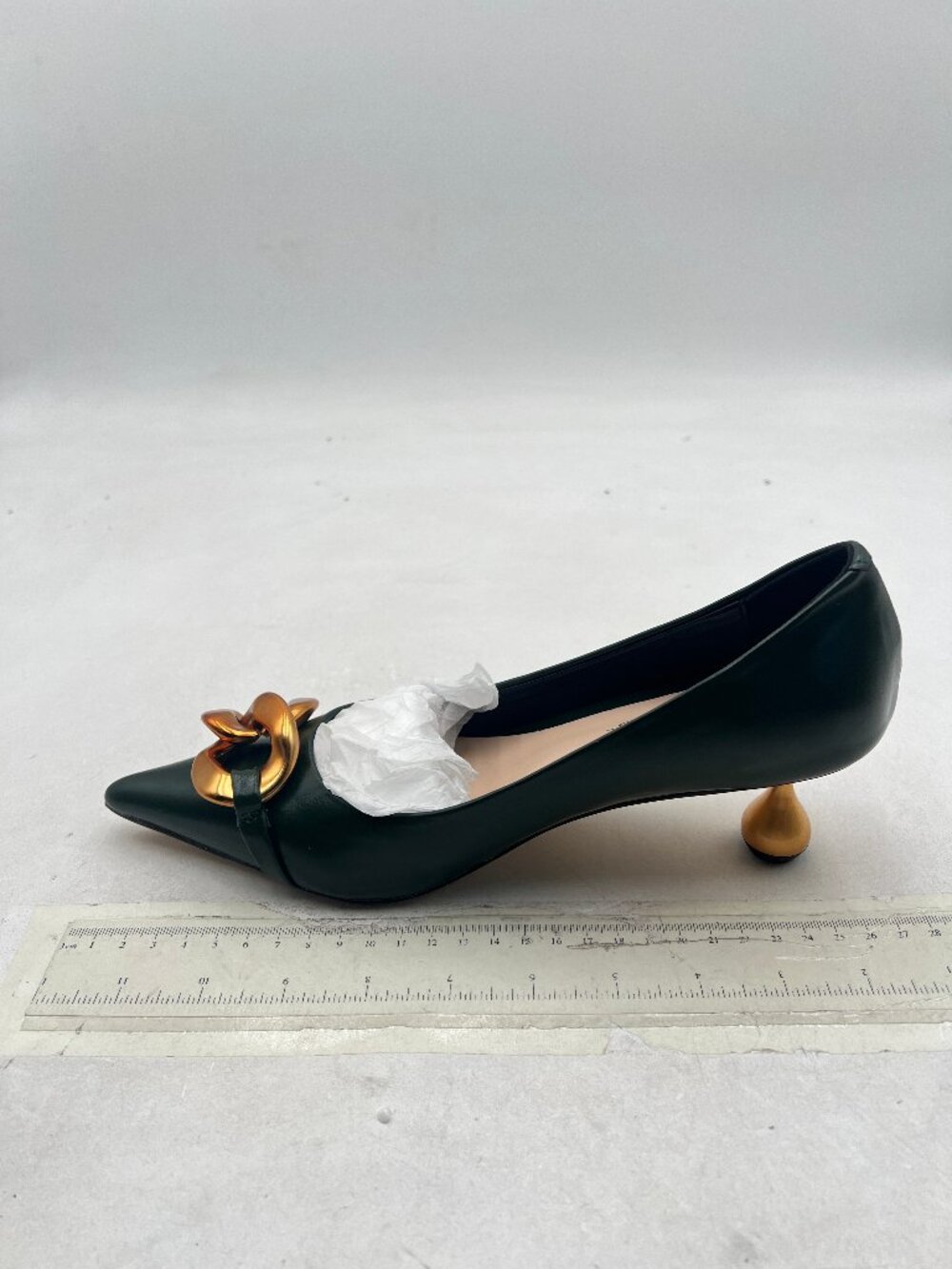 XYD Dark Green Metal Heel Chains Pointy Toe Pumps | Low Heel Slip On Pump